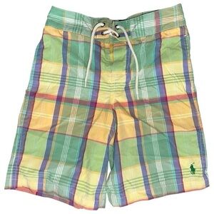 Polo Ralph Lauren Boys Sz M 10 12 Yellow Green Blue Red Plaid Swim Shorts Trunks